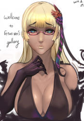 Rule 34 | 1girl, arm at side, artist name, bare shoulders, black dress, black gloves, blonde hair, blue eyes, blunt bangs, breasts, cleavage, closed mouth, collarbone, dark-skinned female, dark skin, dated, dress, elbow gloves, english text, eyebrows, female focus, formal, glasses, gloves, gtunver, hair ribbon, hand on own chest, hand up, heart, heart-shaped pupils, highres, hime cut, large breasts, light smile, lips, lipstick, long hair, looking at viewer, makeup, neck, original, purple ribbon, red-framed eyewear, ribbon, semi-rimless eyewear, simple background, sleeveless, sleeveless dress, smile, solo, symbol-shaped pupils, text focus, thick eyebrows, under-rim eyewear, upper body, white background, yellow lips