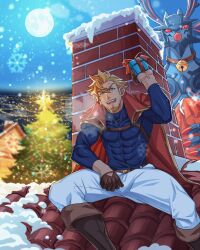 Rule 34 | 1boy, absurdres, alternate costume, bara, belt, blonde hair, blue eyes, blue shirt, boots, box, brown belt, brown footwear, brown gloves, cape, chimney, christmas, christmas tree, covered abs, cross scar, curran (dragalia lost), dragalia lost, facial hair, feet out of frame, full moon, gift, gift box, gloves, hair between eyes, half gloves, highres, holding, holding gift, knee boots, long sideburns, looking at viewer, male focus, mature male, moon, muscular, muscular male, on roof, on rooftop, open mouth, outdoors, pants, pectorals, red cape, scar, scar on face, scar on forehead, shirt, short hair, sideburns, sitting on roof, smile, snowing, steam from mouth, white pants, yaekaidou