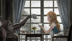 Rule 34 | 1girl, ape, ari hinoko, blue eyes, braid, cake, chair, closed mouth, cloud, cloudy sky, commentary request, cup, day, elbows on table, eye contact, flower, food, from side, grey sky, highres, indoors, long hair, looking at another, orange hair, orangutan, original, pouring, profile, rain, short sleeves, sitting, skirt, sky, smile, table, tea, teapot, vest, water drop, what
