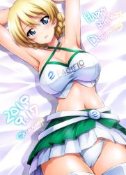 Rule 34 | 1girl, armpits, arms up, artist name, belt, birthday, blonde hair, blue eyes, blush, braid, breasts, cameltoe, character name, cleavage, darjeeling (girls und panzer), dated, girls und panzer, halterneck, kamogawa tanuki, large breasts, looking at viewer, lying, midriff, navel, panties, race queen, skirt, sol, solo, swept bangs, thighhighs, thighs, twitter username, underwear, white panties, white thighhighs