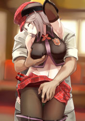 Rule 34 | 1boy, 1girl, alisa ilinichina amiella, arm up, armpits, bare shoulders, blue eyes, blush, grabbing another&#039;s breast, breasts, chicken (chickenx), clothes lift, elbow gloves, fingerless gloves, gloves, god eater, grabbing, grabbing from behind, graphite (medium), hat, highres, large breasts, long hair, mechanical pencil, midriff, navel, panties, pantyhose, pantyshot, pencil, shirt, silver hair, skirt, skirt lift, sleeveless, sleeveless shirt, thighhighs, traditional media, underwear