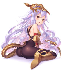 Rule 34 | 1girl, armor, ass, back, bare shoulders, blush, bodysuit, boots, breastplate, elbow gloves, full body, gloves, granblue fantasy, hair between eyes, headpiece, highres, light purple hair, long hair, looking at viewer, looking back, medusa (shingeki no bahamut), open mouth, pointy ears, red eyes, shingeki no bahamut, shoulder blades, simple background, sitting, solo, tail, tomo (tmtm mf mf), very long hair, wariza, white background