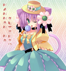 Rule 34 | :p, animal ears, candy, cat ears, cat tail, dress, flower, food, green eyes, hat, kannon ouji, original, purple hair, solo, tail, tongue, tongue out