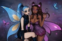 Rule 34 | 2girls, absurdres, antennae, artist name, bare arms, bare shoulders, black dress, black lips, blue eyeshadow, blue hair, breasts, brown eyes, brown hair, bug, butterfly, butterfly wings, choker, commentary, dark-skinned female, dark skin, dress, english commentary, eyeshadow, fairy, forehead, hair tubes, high ponytail, highres, insect, insect wings, large breasts, lips, lipstick, long hair, looking at viewer, makeup, matilda fiship, mole, mole under eye, multiple girls, nail polish, original, pale skin, pink eyes, pink eyeshadow, pink nails, pointy ears, ponytail, purple lips, sidelocks, signature, sitting, sleeveless, sleeveless dress, small breasts, smile, sparkle, strapless, strapless dress, twintails, very long hair, wings