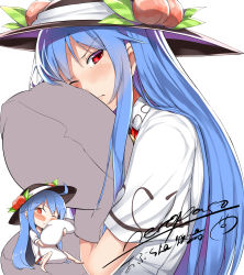Rule 34 | 1girl, absurdres, ahoge, artist name, bad id, bad pixiv id, barefoot, blue hair, blush, chibi, chibi inset, collared shirt, food, food on head, fruit, fruit on head, hat, highres, hinanawi tenshi, hugging object, long hair, looking at viewer, multiple views, neropaso, object on head, one eye closed, peach, pillow, pillow hug, red eyes, shirt, signature, simple background, skirt, touhou, upper body, very long hair, white background