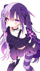 Rule 34 | 1girl, bat wings, black collar, black ribbon, blush, breasts, closed mouth, collar, dragon tail, dragon wings, ear piercing, hair between eyes, hair ornament, hair ribbon, hairclip, hand on own thigh, heart, heart collar, heterochromia, highres, horns, long hair, long sleeves, looking at viewer, medium breasts, multicolored hair, original, piercing, pink eyes, purple eyes, purple hair, purple skirt, ribbon, shirt, simple background, single off shoulder, skirt, solo, suisei 1121, tail, thighhighs, two-tone hair, white background, white hair, wings