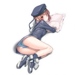 Rule 34 | 10s, 1girl, ass, bare legs, blue panties, blush, breasts, brown hair, clothes writing, dress, kantai collection, lying, on stomach, panties, pillow, red eyes, sailor dress, short hair, simple background, small breasts, solo, takada kazuhiro, underwear, white background, z3 max schultz (kancolle)
