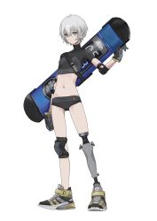 Rule 34 | 1girl, arm at side, breasts, elbow pads, expressionless, full body, gloves, grey hair, highres, knee pads, light oooo, midriff, navel, original, prosthesis, prosthetic leg, shoes, short hair, short shorts, shorts, small breasts, sneakers, snowboard, solo, white background, yellow eyes