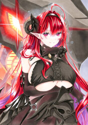 1girl ahoge armored_boots azur_lane bare_shoulders black_footwear black_gloves black_hairband black_skirt boots breasts center_frills cross-laced_clothes cross-laced_top demon_girl demon_horns demon_wings elbow_gloves frills gloves hairband highres hindenburg_(azur_lane) horns huge_breasts knee_boots light_smile long_hair marker_(medium) mimi_(mini1474) miniskirt mole mole_under_eye non-humanoid_robot o-ring o-ring_thigh_strap pointy_ears purple_eyes red_hair robot robot_animal robot_dragon scrunchie skirt slit_pupils solo thigh_strap traditional_media underboob very_long_hair wings wrist_scrunchie