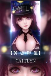 Rule 34 | 1girl, black bra, black necktie, bra, breasts, brown hair, buckle, caitlyn (league of legends), character name, cleavage, close-up, detached collar, eye focus, hat, head tilt, highres, large breasts, league of legends, lens flare, lipstick, long hair, looking at viewer, makeup, necktie, officer caitlyn, parted lips, purple eyes, short necktie, signature, solo, underwear, zhai xiao fei, zoom layer