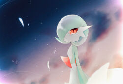 Rule 34 | 1girl, arm at side, blue sky, bob cut, closed mouth, cloud, colored skin, cowboy shot, creatures (company), feathers, female focus, flat chest, from side, game freak, gardevoir, gen 3 pokemon, gradient sky, green hair, green skin, hair over one eye, happy, looking at viewer, multicolored skin, nintendo, one eye covered, pokemon, pokemon (creature), red eyes, rize (r), short hair, sky, smile, solo, standing, star (sky), sunset, two-tone skin, white feathers, white skin