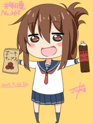 Rule 34 | 10s, 1girl, 2015, :d, artist name, bauxite, blush stickers, brown eyes, brown hair, chibi, chips (food), cola, commentary request, dated, folded ponytail, food, gurande (g-size), highres, himouto! umaru-chan, inazuma (kancolle), kantai collection, kneehighs, neckerchief, open mouth, parody, potato chips, school uniform, serafuku, signature, simple background, skirt, smile, socks, solo, style parody, yellow background