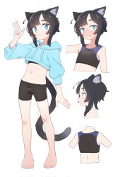 Rule 34 | 1boy, animal ear fluff, animal ears, bad id, bad twitter id, barefoot, bike shorts, blue eyes, blue hoodie, blush, bulge, cat ears, cat tail, character sheet, cropped hoodie, drawstring, fang, feet, full body, half-closed eyes, highres, hood, hood down, hoodie, inactive account, looking at viewer, male focus, navel, original, owasaki, profile, short hair with long locks, simple background, smile, solo, standing, tail, toes, trap, v, white background