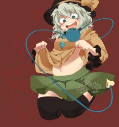 Rule 34 | 1girl, :d, black thighhighs, blush, bow, clothes lift, eyebrows, female focus, green eyes, hairband, hat, heart, iroyopon, komeiji koishi, navel, open mouth, ribbon, shirt lift, short hair, silver hair, simple background, skirt, smile, solo, thick eyebrows, thighhighs, third eye, touhou