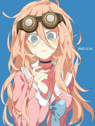 Rule 34 | 1girl, absurdres, antenna hair, asa me daiki, barbed wire, black choker, blonde hair, blue eyes, blush, breasts, choker, closed mouth, commentary request, danganronpa (series), danganronpa v3: killing harmony, dated, goggles, goggles on head, green background, hair between eyes, hand up, highres, iruma miu, long hair, long sleeves, medium breasts, open mouth, pink shirt, sailor collar, shirt, simple background, smile, solo, upper body, white sailor collar