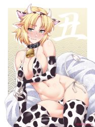 Rule 34 | 1girl, animal ears, animal print, bell, bikini, black collar, blonde hair, blush, breasts, clenched teeth, collar, cow ears, cow horns, cow print, cow tail, fake animal ears, fake horns, green eyes, highres, horns, large breasts, mizuhashi parsee, navel, neck bell, nose blush, ootsuki wataru, pointy ears, short hair, side-tie bikini bottom, sitting, solo, sweatdrop, swimsuit, tail, teeth, thighhighs, touhou, wavy mouth