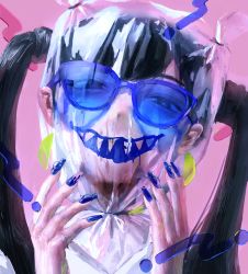 Rule 34 | 1girl, absurdres, asphyxiation, bag, bag over head, black hair, blue-framed eyewear, blue nails, glasses, hatena (nazequestion), highres, looking at viewer, nail polish, original, plastic bag, solo, twintails, upper body
