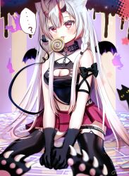 Rule 34 | ...?, 1girl, ?, bare shoulders, cat, choker, claws, cleavage cutout, clothing cutout, gloves, halloween, highres, hololive, horns, lolipop, long hair, looking at viewer, mini wings, multicolored hair, nakiri ayame, navel, paw shoes, red eyes, red hair, seta (seta105), skin-covered horns, skirt, solo, stomach, sweat, tail, thighhighs, thighs, tongue, tongue out, twitter username, virtual youtuber, white hair, wings