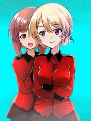 Rule 34 | 2girls, :d, alternate costume, aqua background, black skirt, blonde hair, blue eyes, braid, brown eyes, brown hair, closed mouth, commentary request, crossed arms, darjeeling (girls und panzer), epaulettes, girls und panzer, hands on another&#039;s back, highres, jacket, light smile, long sleeves, looking at viewer, military, military uniform, miniskirt, multiple girls, nishizumi miho, open mouth, partial commentary, pleated skirt, red jacket, rurikoke, short hair, skirt, smile, st. gloriana&#039;s military uniform, standing, twin braids, uniform, yuri