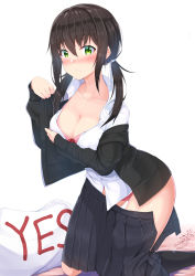 Rule 34 | absurdres, black hair, black jacket, black skirt, blush, bra, breasts, cleavage, green eyes, highres, jacket, large breasts, long hair, looking at viewer, low twintails, namikawa kuroha, open clothes, open shirt, original, pillow, pink bra, pleated skirt, school uniform, shirt, signature, simple background, skirt, solo, takamine miyu (namikawa kuroha), twintails, underwear, white background, white shirt