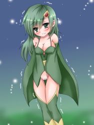 Rule 34 | 1girl, bare shoulders, between legs, blue background, blush, breasts, cleavage, covered erect nipples, detached sleeves, embarrassed, female focus, final fantasy, final fantasy iv, gradient background, green eyes, green hair, green thighhighs, hair ornament, hairpin, hand between legs, have to pee, large breasts, legs together, long hair, looking at viewer, matching hair/eyes, own hands together, rydia (ff4), shiny skin, simple background, snowing, solo, standing, thighhighs, trembling, utasato, v arms