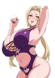 Rule 34 | 1girl, alternate costume, armpits, bikini, blonde hair, blush, bondage outfit, breast hold, breasts, breasts out, brown eyes, cleavage, cowboy shot, fellatio gesture, heart, heart-shaped pupils, highres, huge breasts, large breasts, mature female, nail polish, naruto, naruto (series), naruto shippuuden, nipples, revealing clothes, skindentation, smile, solo, swimsuit, symbol-shaped pupils, tsunade (naruto)