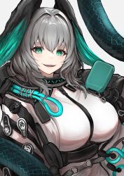 Rule 34 | 1girl, absurdres, arknights, between breasts, black wings, blue feathers, blue wings, breasts, fangs, feathered wings, feathers, green eyes, grey hair, hair intakes, head wings, highres, ho&#039;olheyak (arknights), infection monitor (arknights), large breasts, long tail, looking at viewer, mitsumoto amata, open mouth, simple background, smile, snake tail, solo, strap between breasts, tail, two-tone wings, white background, wings