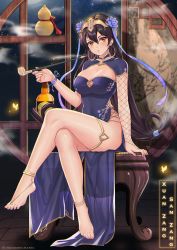 Rule 34 | !, alternate costume, anklet, bare legs, barefoot, barefoot sandals (jewelry), black hair, blue flower, blue ribbon, blue skirt, breasts, character name, china dress, chinese clothes, chungmechanic, cleavage, cleavage cutout, clothing cutout, crossed legs, dress, earrings, fate/grand order, fate (series), feet, fishnets, flower, full body, gourd, hair flower, hair ornament, hair rings, headpiece, highres, holding, holding smoking pipe, hoop earrings, indoors, jewelry, large breasts, long hair, night, pelvic curtain, red eyes, ribbon, round window, short sleeves, sitting, skirt, smoke, smoking pipe, solo, thighlet, thighs, toes, twitter username, very long hair, window, wrist ribbon, xuangzang sanzang (fate)