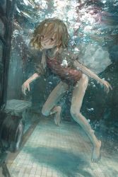 Rule 34 | 1girl, absurdres, air bubble, barefoot, blonde hair, bubble, highres, looking at viewer, original, purple eyes, shion (mirudakemann), short hair, sleeveless, solo, swimming, swimsuit, underwater, water