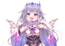 Rule 34 | 1girl, blush, chest jewel, corset, crime prevention buzzer, crown, gem, hair flaps, highres, hololive, hololive english, koseki bijou, long hair, looking at viewer, open mouth, purple eyes, purple hair, shukusei!! loli-gami requiem, smile, solairoaoiro, very long hair, virtual youtuber, wings