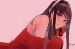 Rule 34 | 1girl, absurdres, alcohol, b d art, bare shoulders, black hair, blush, bottle, collarbone, drunk, hairband, highres, holding, holding bottle, looking at viewer, off-shoulder sweater, off shoulder, red eyes, red sweater, ribbed sweater, spy x family, sweater, two-sided fabric, white hairband, wine, wine bottle, yor briar