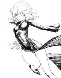 Rule 34 | 1girl, blush, breasts, floating clothes, fujii eishun, greyscale, highres, impossible clothes, leg up, looking at viewer, medium breasts, medium hair, monochrome, one-punch man, open hands, shoes, simple background, sleeves past wrists, smile, solo, tatsumaki, white background