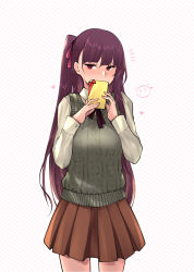 Rule 34 | 1girl, absurdres, aran sweater, blush, brown skirt, cable knit, closed mouth, gift, girls&#039; frontline, green shirt, hair ribbon, highres, holding, holding gift, long hair, looking at viewer, purple hair, purple ribbon, red eyes, ribbon, shirt, simple background, skirt, solo, standing, stigmamyu, sweater, valentine, vest, wa2000 (girls&#039; frontline)