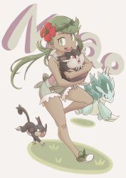 Rule 34 | 1girl, alolan form, alolan raticate, alolan rattata, alolan sandslash, bare shoulders, carrying, character name, claws, creatures (company), dark-skinned female, dark skin, flat color, flower, full body, game freak, gen 7 pokemon, grass, green eyes, green hair, hair flower, hair ornament, highres, looking at viewer, mallow (pokemon), md5 mismatch, nintendo, nomura (buroriidesu), pokemon, pokemon (creature), pokemon sm, shoes, shorts, simple background, smile, trial captain, twintails