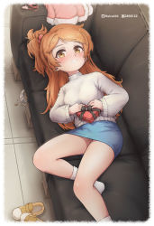 Rule 34 | 1girl, absurdres, blue skirt, bowl, box, couch, gift, gift box, highres, huira444, idolmaster, idolmaster million live!, long hair, long sleeves, looking at viewer, lying, ogami tamaki, on couch, orange hair, pet bowl, shoes, skirt, socks, solo, sweater, swept bangs, unworn shoes, white sweater, yellow eyes