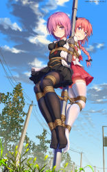 Rule 34 | 1boy, 1girl, astolfo (fate), astolfo (sailor paladin) (fate), bdsm, black pantyhose, blouse, bondage, bound, braid, day, fate/apocrypha, fate/grand order, fate (series), feet, feet together, from below, full body, hair over one eye, highres, himitsu (hi mi tsu 2), legs together, mash kyrielight, miniskirt, multiple girls, nervous smile, no shoes, official alternate costume, outdoors, pantyhose, rope, school uniform, serafuku, shirt, single braid, skirt, smile, thighhighs, trap, wavy mouth, white shirt, white thighhighs