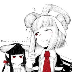 Rule 34 | ..., 2girls, ?, ^^^, animal ears, asymmetrical horns, black hair, blunt bangs, blush, closed mouth, dress, eating, food, food on face, greyscale, holding, horned girl (jaco), horns, jacket, jaco, jitome, long hair, long sleeves, looking at another, looking back, monochrome, mouth hold, multiple girls, necktie, one eye closed, original, pocky, red eyes, red necktie, shirt, short hair, simple background, spot color, uneven horns, white background