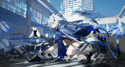 Rule 34 | 1girl, alternate color, animal ears, ankle boots, arknights, black footwear, blue coat, blue jacket, blue shorts, blue sky, boots, building, city, coat, commentary request, dual wielding, english text, grey eyes, hair ornament, hairclip, holding, holding sword, holding weapon, jacket, lappland (arknights), long hair, multiple swords, railing, ruins, scar, scar across eye, scar on face, shorts, skull and crossbones, sky, solo, sword, tail, weapon, white hair, window, yuuno (rells)