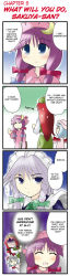 Rule 34 | 4girls, 4koma, ^^^, ^ ^, bat wings, blue eyes, blue hair, blush, book, bow, braid, china dress, chinese clothes, closed eyes, comic, crescent, dress, closed eyes, female focus, frown, grey eyes, hair bow, hard-translated, hat, hong meiling, izayoi sakuya, long hair, long image, maid, maid headdress, morogami ryou, multiple girls, night clothes, o o, open mouth, patchouli knowledge, purple hair, red hair, remilia scarlet, sakuya-sans sweet tooth, short hair, sidelocks, silver hair, smile, speech bubble, surprised, tall image, embodiment of scarlet devil, third-party edit, touhou, translated, twin braids, wings