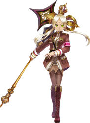 Rule 34 | 1girl, axe, bindi, blonde hair, boots, brown footwear, cross-laced footwear, crown, dark-skinned female, dark skin, facial mark, forehead mark, full body, green eyes, knee boots, lace-up boots, long hair, low twintails, official art, parashu, phantom of the kill, simple background, solo, thighhighs, twintails, weapon, white background