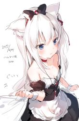 Rule 34 | 1girl, absurdres, animal ears, apron, azur lane, bare shoulders, black bow, black dress, blue eyes, blush, bow, breasts, cat ears, collarbone, dated, dress, hair bow, hair ribbon, hammann (azur lane), highres, long hair, looking away, one side up, puffy short sleeves, puffy sleeves, red ribbon, remodel (azur lane), ribbon, shirt grab, short sleeves, simple background, sketch, small breasts, solo, translation request, umibouzu (niito), very long hair, waist apron, white apron, white background, white hair, wrist cuffs