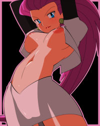 Rule 34 | 1girl, amada, arms up, bad id, bad pixiv id, big hair, blue eyes, breasts, creatures (company), earrings, from below, game freak, hair slicked back, jessie (pokemon), jewelry, large breasts, long hair, looking down, nintendo, nipples, open clothes, open shirt, pink hair, pokemon, pokemon (anime), shirt, skirt, solo, team rocket, underboob