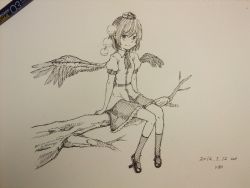 Rule 34 | 1girl, arm support, bird wings, blush, breasts, dated, female focus, frilled skirt, frills, full body, fur trim, geta, hat, in tree, kawashina (momen silicon), kneehighs, knees together feet apart, light smile, looking at viewer, monochrome, necktie, outdoors, pencil skirt, pointy ears, puffy short sleeves, puffy sleeves, scan, shameimaru aya, shirt, shoes, short hair, short sleeves, signature, simple background, sitting, sitting in tree, sketch, skirt, skirt set, small breasts, smile, socks, solo, tokin hat, touhou, traditional media, tree, wing collar, wings
