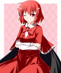 Rule 34 | 1girl, bow, bowtie, cape, checkered background, crossed arms, female focus, long sleeves, looking at viewer, okazaki yumemi, one eye closed, pink background, red eyes, red hair, short hair, sitting, skirt, skirt set, smile, solo, ten203159, touhou, touhou (pc-98), wink