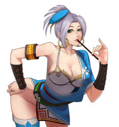 Rule 34 | 1girl, arched back, bent over, breasts, cleavage, cowboy shot, earrings, green eyes, hand on own hip, highres, hoop earrings, japanese clothes, jewelry, large breasts, looking at viewer, monster hunter (series), monster hunter online, no panties, paintbrush, qinglong zaitian, red lips, silver hair, single thighhigh, solo, thighhighs