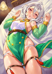 Rule 34 | 1girl, :o, absurdres, antenna hair, bed, breasts, commentary request, covered navel, detached sleeves, fingernails, green sleeves, hair between eyes, highres, kokkoro (princess connect!), looking at viewer, lying, mikumo (lpmkookm), on back, on bed, panties, pelvic curtain, pointy ears, princess connect!, red eyes, see-through, see-through sleeves, short hair, silver hair, small breasts, solo, thighs, underwear, white panties