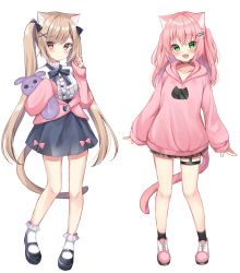 Rule 34 | 2girls, :d, animal ears, bare legs, black footwear, breasts, brown eyes, cardigan, cat ears, cat girl, cat tail, center frills, fang, frilled shirt, frills, green eyes, hamico, highres, hood, hood down, hoodie, light brown hair, long hair, long sleeves, looking at viewer, mary janes, medium hair, miniskirt, multiple girls, off shoulder, open cardigan, open clothes, open mouth, original, pink cardigan, pink footwear, pink hair, pink hoodie, shirt, shoes, skirt, smile, sneakers, standing, stuffed animal, stuffed toy, tail, twintails, two side up, very long hair