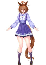 Rule 34 | 1girl, absurdres, agnes tachyon (umamusume), ahoge, animal ears, bow, brown footwear, brown hair, commentary request, earrings, full body, hair between eyes, highres, horse ears, horse girl, horse tail, jewelry, loafers, long sleeves, looking at viewer, manu lee, messy hair, pleated skirt, purple shirt, purple skirt, purple socks, red eyes, sailor collar, school uniform, shirt, shoes, short hair, simple background, single earring, skirt, smile, socks, solo, standing, tail, tracen school uniform, umamusume, white background, white bow, winter uniform