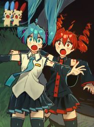 2girls :o absurdres ahoge aqua_eyes aqua_hair bare_shoulders black_shirt black_skirt blue_eyes blue_hair blue_necktie blush collared_shirt creatures_(company) detached_sleeves drill_hair game_freak gen_3_pokemon hair_between_eyes hair_ornament hatsune_miku headset highres kasane_teto long_hair looking_at_viewer minun mire_esan multiple_girls necktie nintendo open_mouth photo-referenced pleated_skirt plusle pokemon pokemon_(creature) red_eyes red_hair red_nails reference_inset shirt shoulder_tattoo simple_background skirt surprised tattoo thighhighs twin_drills twintails utau very_long_hair vocaloid wide-eyed zettai_ryouiki