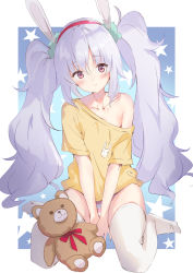 Rule 34 | 1girl, akin (asada0825p), animal ears, azur lane, bad id, bad pixiv id, between legs, blue background, blush, closed mouth, collarbone, commentary request, full body, hair between eyes, hairband, hand between legs, head tilt, highres, laffey (azur lane), long hair, looking at viewer, no shoes, off shoulder, panties, rabbit ears, red eyes, red hairband, shirt, short sleeves, silver hair, sitting, solo, star (symbol), starry background, striped clothes, striped panties, stuffed animal, stuffed toy, teddy bear, thighhighs, twintails, two-tone background, underwear, very long hair, wariza, white background, white thighhighs, yellow shirt
